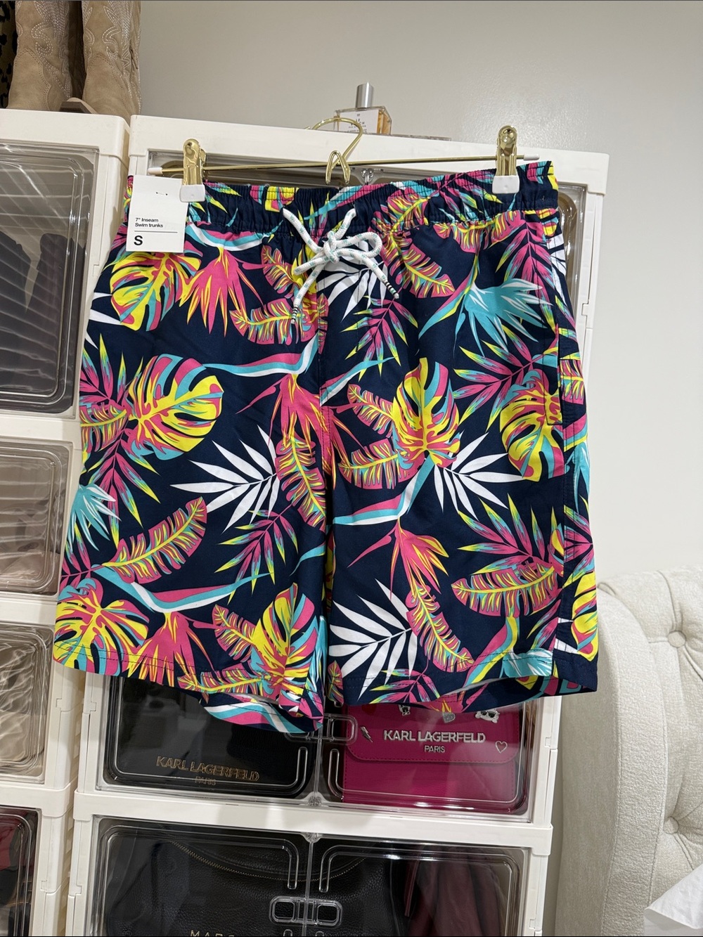Original Use Men's Navy Tropical Leaf Swim Shorts with Neon Accents